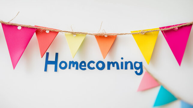 Colorful homecoming banner with paper pennants on white background