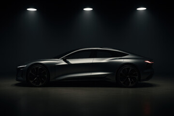 Modern electric car illuminated by spotlights in a dark studio