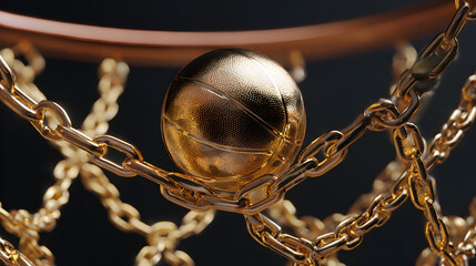 A golden basketball nestled within a golden chain net attached to a basketball hoop rim detail