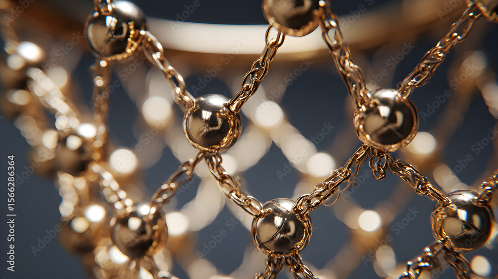 Wall mural close up of a golden chain net with spherical beads against a blurred background in soft lighting