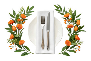Table setting with flowers and cutlery isolated on transparent background
