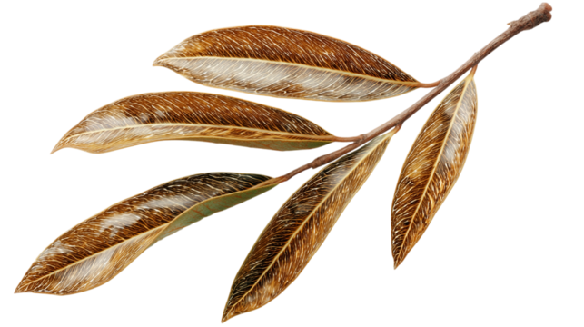 close-up shot of a branch with four dried leaves, exhibiting intricate, light-colored vein patterns isolated on transparent background. leaves are elegantly arranged against a black background, creat