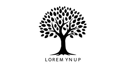 Obraz premium A minimalist black silhouette of a mature tree with a full leafy canopy and strong roots, isolated on a clean white background, ideal for a nature-inspired logo design.
