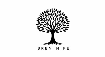 Obraz premium A minimalist black and white graphic design features a stylized tree with abundant leaves and visible roots, symbolizing growth and nature on a clean white background.