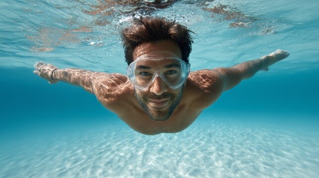 Young man wearing swimming goggles is swimming underwater in crystal clear turquoise water, arms outstretched, enjoying the refreshing ocean - Powered by Adobe