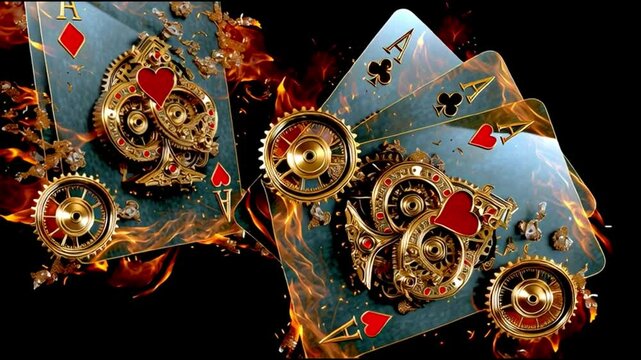 Fiery Clockwork Card Animation &ndash; Steampunk Gears and Flames. Generative AI