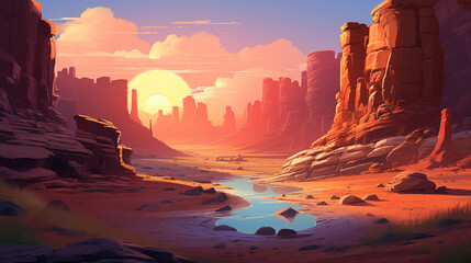 Colorful canyon landscape with layered rock formations glowing under the setting sun