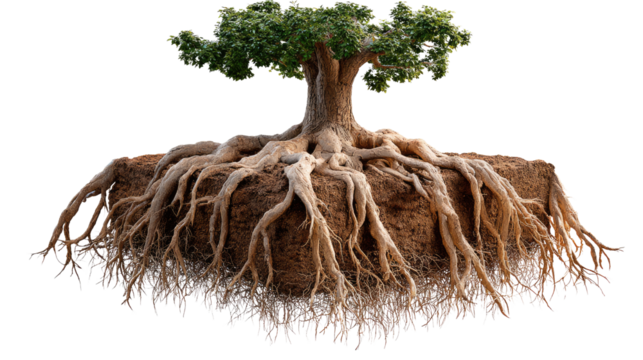 Roots of Life: A detailed image highlighting the intricate network of a tree's roots, representing growth, stability, and the deep connection between nature and the earth.