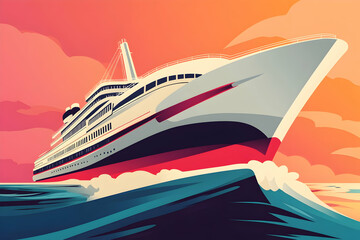 Fototapeta premium Modern cruise ship sailing at sunset with dynamic waves and vibrant sky