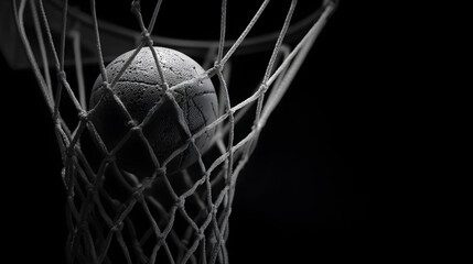 A grayscale image of a basketball going through a net against a black background in a studio shot