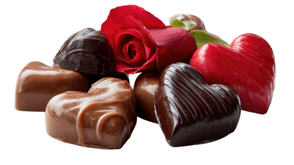 Sweet Moments: Heart-shaped chocolates and a vibrant red rose create a visually pleasing arrangement, perfect for expressing affection and celebrating love and romance.