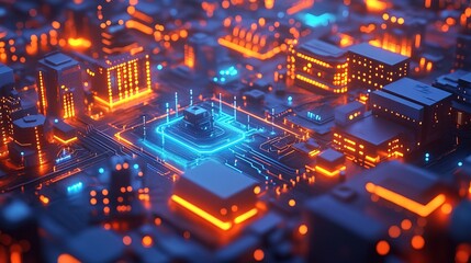 Fototapeta premium Abstract Futuristic Circuit Board with Glowing Components and Electronic Cityscape