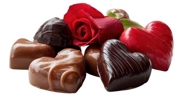 Sweet Moments: Heart-shaped chocolates and a vibrant red rose create a visually pleasing arrangement, perfect for expressing affection and celebrating love and romance.