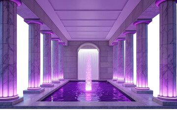 Purple pool with columns and waterfall isolated on transparent background