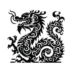 Tribal Dragon Illustration with Intricate Curling Pattern - Tattoo Style