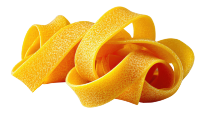 Pappardelle Pasta: A close-up shot of a nest of uncooked pappardelle pasta, showcasing its rich, golden-yellow color and rough texture. The pasta is arranged in a visually appealing.
