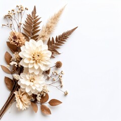Elegant floral arrangement with dahlias and dried foliage on white background
