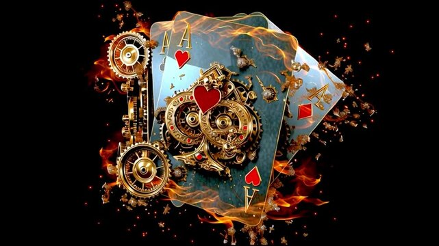 Burning Steampunk Playing Cards in Motion &ndash; Hearts & Spades. Generative AI