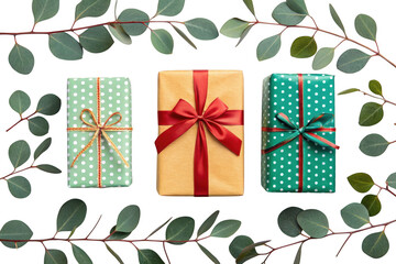 Wrapped gifts with eucalyptus branches isolated on transparent background