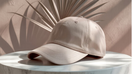 A minimalist product photography shot of a beige baseball cap positioned on a white surface.