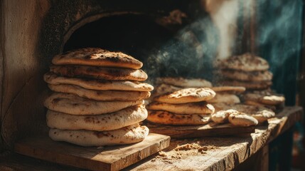 Warm Golden Brown Flatbreads Stacked on Wooden Surface Outdoors