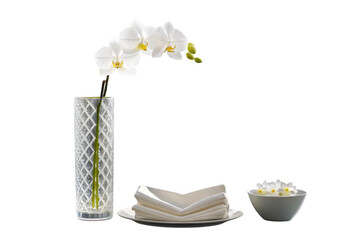 Orchid in vase with napkins and bowl isolated on transparent background