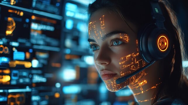 Futuristic Glowing Circuitry Woman with Headset in Cyberpunk Style Portrait
