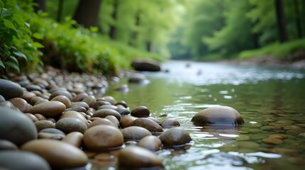 A high-resolution photo of smooth pebbles arranged naturally along the edge of a clear stream, water gently flowing and reflecting nearby greenery -