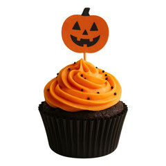 Real photo of halloween cupcake with orange frosting with transparent background