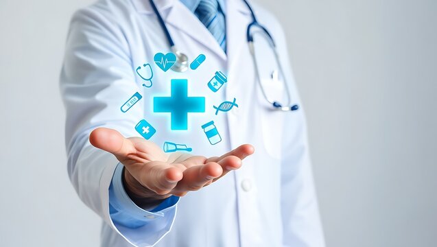 Doctor extending hand with glowing medical icons including a large blue cross stethoscope dna helix pills and heartbeat symbol representing healthcare and wellness