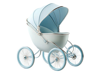 3D Of Elegant Baby Carriage in Blue and Silver on Transparent Background