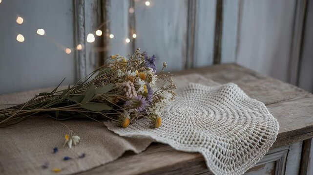Rustic still life dried flowers and crocheted doily on wooden table