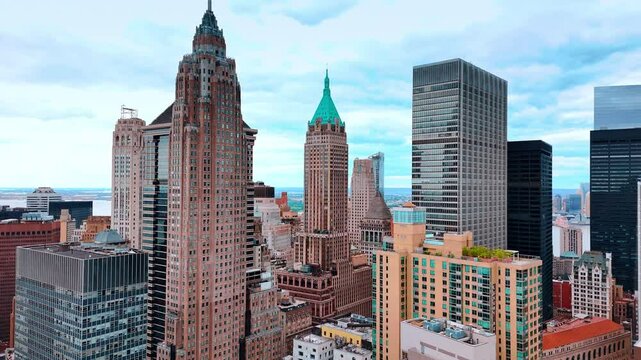 American International Building or 70 Pine Street in the midtown of New York, USA. Architecture of metropolis from drone.