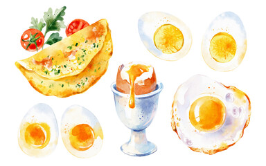 Watercolor illustration set of egg dishes. Painted isolated painting of fresh organic food breakfast.