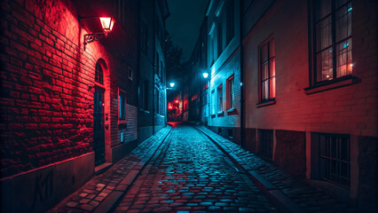 Fototapeta premium Enigmatic European Alleyway at Night Cobblestone Street, Red and Blue Lighting