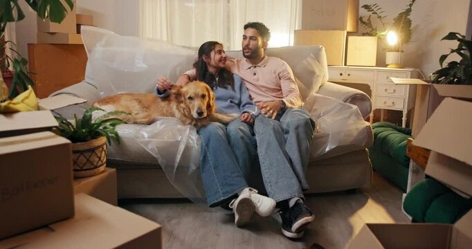 New home, talking and couple with dog on sofa for moving, rental apartment and homeownership. Real estate, property and happy man, woman and pet bonding for relocation, mortgage and house investment