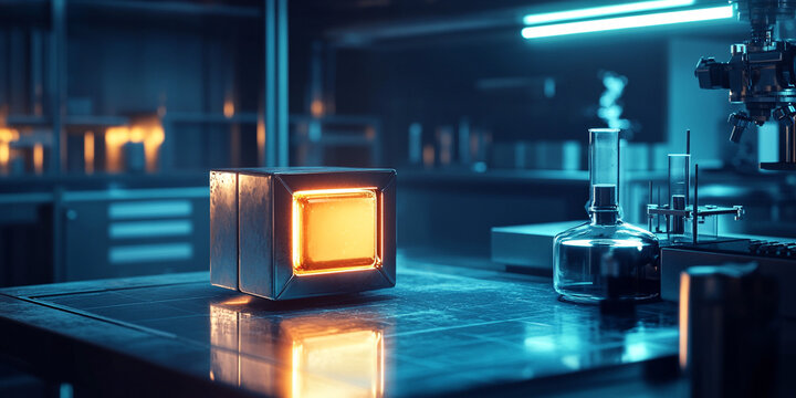Ytterbium element sample in a futuristic lab, glowing metallic cube, scientific aesthetic.