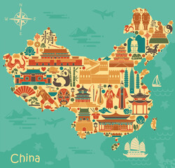 Colorful vector map of China with traditional culture symbols architecture nature panda dragon and landmarks in flat style. Perfect for travel prints souvenirs gifts education tourism and Asian design