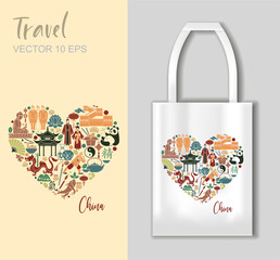 Heart shaped vector illustration with traditional China symbols panda dragon temples and culture elements. Includes tote bag mockup. Perfect for travel prints souvenirs gifts tourism and Asian design 