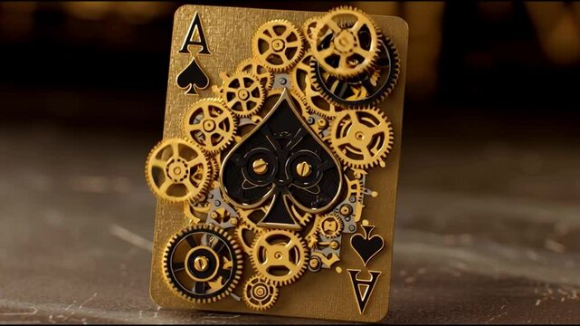 Golden Gear Ace Card Loop &ndash; Steampunk Design. Generative AI