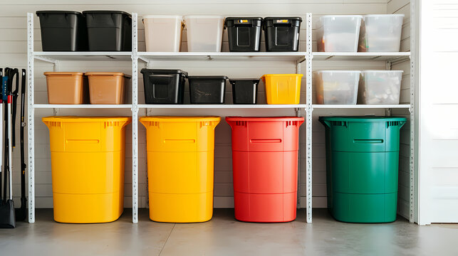 Four large colorful recycling bins and multiple storage containers are organized neatly on white metal shelves in a clean garage space.