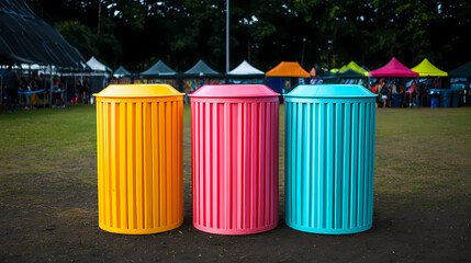 Three colorful trash bins in yellow, pink, and blue stand on grass at an outdoor event with tents and people in the background.