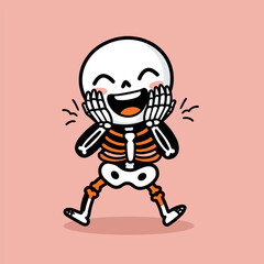 This cartoon skeleton with a round skull and orange bones smiles brightly with eyes closed and hands on cheeks, set against a pink background — playful and full of Halloween cheer.