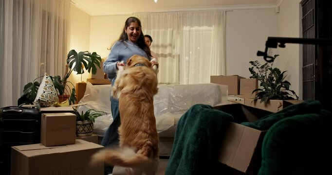 Dance, boxes and couple with dog in new home, rental apartment and property for homeownership. Real estate, music and happy man, woman and pet celebrate for relocation, mortgage and house investment