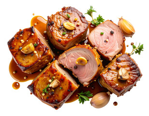 Rustic Whiskey-Glazed Pork Chunks with Garlic and Sauce Drizzle, isolated on transparent background.