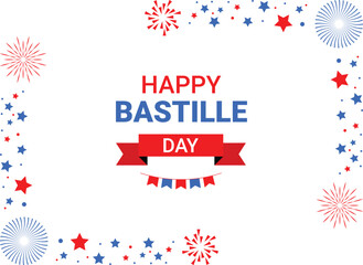 Vector art of happy bastille day vector graphic, isolated on transparent background, featuring fireworks and stars in red, white, and blue