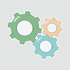 Gear Vector Illustration Sticker. Cute and colorful vector sticker of three cartoon gears. Great for engineering, mechanics, or STEM education visuals