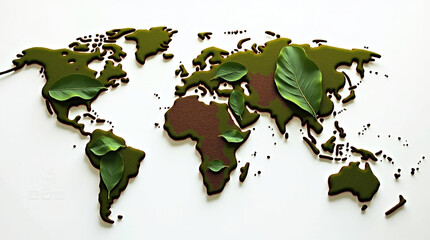 World map with green continents and leaves isolated on white background