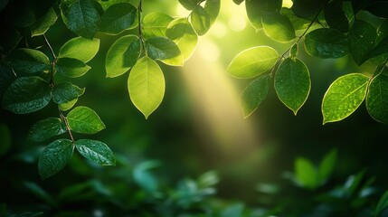 Sunbeams filtering through lush green foliage, creating a vibrant natural scene.