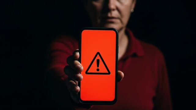 A critical phone warning &mdash; virus infection alert with triangle exclamation sign. A woman with a trembling hand holds the phone showing the danger symbol during call from phone crime